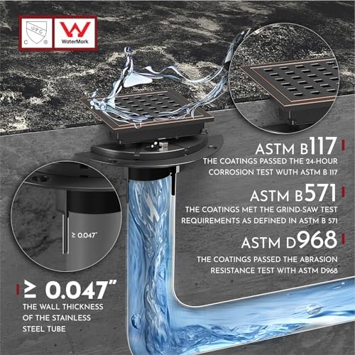 4 Inch Square Shower Floor Drain with Flange,Quadrato Pattern Grate Removable,Food-Grade SUS 304 Stainless Steel,Watermark&CUPC Certified,Oil Rubbed Bronze - Image 5