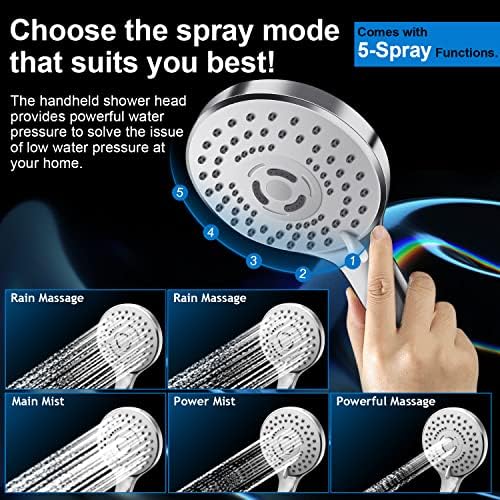 Shower Head Combo,10 Inch High Pressure Rain Shower Head with 11 Inch Adjustable Extension Arm and 5 Settings Handheld ,Powerful Shower Spray Against Low Pressure Water with Long Hose - Image 4