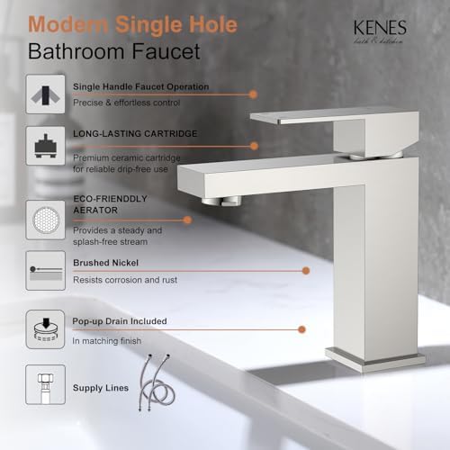 KENES Single Handle Bathroom Sink Faucet, Brushed Nickel Vanity Faucet for Bathroom Sink, with Pop Up Drain Stopper & Water Supply Lines LJ-9031 - Image 3