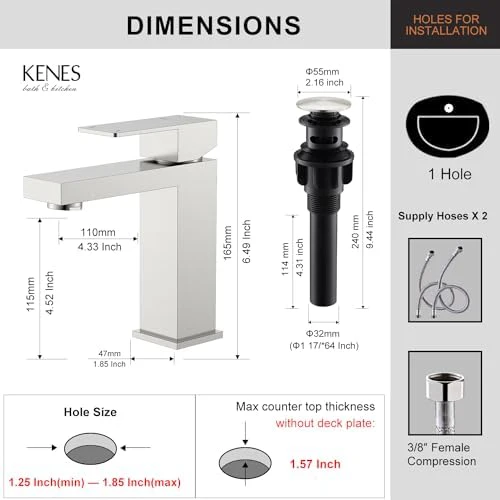 KENES Single Handle Bathroom Sink Faucet, Brushed Nickel Vanity Faucet for Bathroom Sink, with Pop Up Drain Stopper & Water Supply Lines LJ-9031 - Image 6