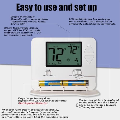 Non-Programmable Thermostats for Home Conventional Single-Stage Systems, up to 1 Heat/ 1 Cool (with Green Backlight) - Image 6