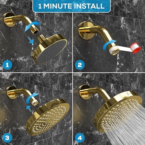SparkPod Shower Head - High Pressure Rain - Premium Quality Luxury Design - 1-Min Install - Easy Clean Adjustable Replacement for Your Bathroom Shower Heads (Egyptian Gold, 6 Inch Round) - Image 4