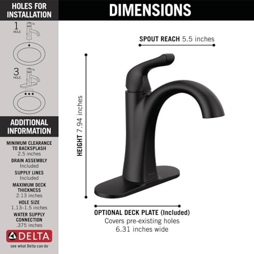Delta Arvo Matte Black Bathroom Faucet 1 Hole, Single Hole Bathroom Sink Faucet for Vanity, Push-Pop Drain Assembly, Matte Black 15840LF-BL - Image 5
