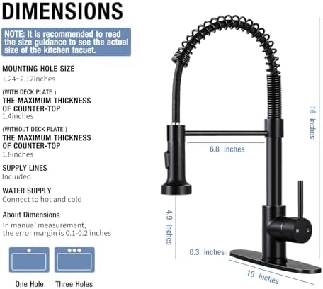 DJS Kitchen Faucets with Pull Down Sprayer Matte Black - Dual Mode Setting Single Handle 1 or 3 Holes Commercial Black Kitchen Sink Faucet with Deck Plate for Farmhouse RV Vessel Basin - Image 5