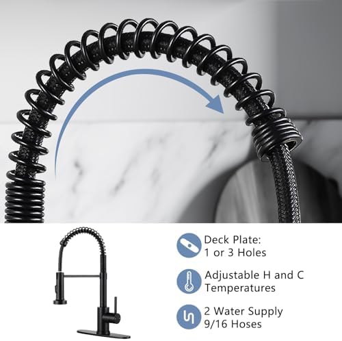 DJS Kitchen Faucets with Pull Down Sprayer Matte Black - Dual Mode Setting Single Handle 1 or 3 Holes Commercial Black Kitchen Sink Faucet with Deck Plate for Farmhouse RV Vessel Basin - Image 6