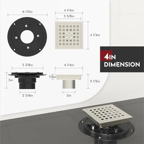 4 Inch Square Shower Floor Drain with Flange,Quadrato Pattern Grate Removable,Food-Grade SUS 304 Stainless Steel,Watermark&CUPC Certified,Brushed Nickel - Image 2