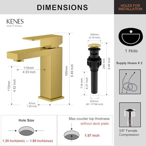 KENES Brushed Gold Bathroom Faucets, Modern Single Hole Lavatory Vanity Faucet, Single Handle Bathroom Sink Faucet Gold, with Pop Up Drain & Water Supply Hoses LJ-9031-4 - Image 6