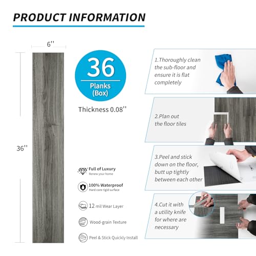Art3d Peel and Stick Floor Tile Vinyl Wood Plank 36-Pack 54 Sq.Ft, Deep Gray, Rigid Surface Hard Core Easy DIY Self-Adhesive Flooring - Image 5