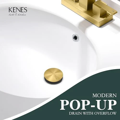 KENES Brushed Gold Pop Up Bathroom Sink Drain with Overflow Assembly with Strainer Lavatory Vanity Vessel Pop Up Drain Stopper - Image 2