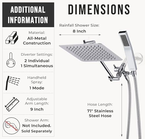 G-Promise All Metal 8 Inch Dual Square Shower Head with Handheld Spray Combo, Rain Shower Head, Adjustable Extension Arm, Smooth 3-Way Diverter, 71 Inch Extra Long Hose - A Bathroom Upgrade (Chrome) - Image 6