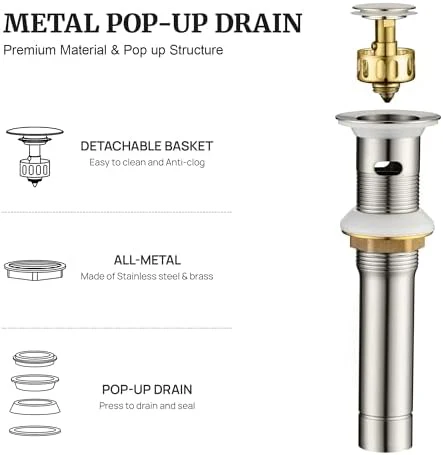 Pop up Sink Drain Stopper for Bathroom Vessel Vanity Sink Art Basin Brushed Nickel, Small Cap with Overflow, Metal Pop up Drain Strainer with Detachable Basket Stopper - Image 2