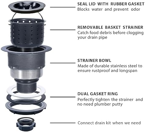 Kitchen Sink Drain 3-1/2 Inch Black Sink Drain Assembly Kit, Removable Deep Sink Strainer Basket with Sink Stopper/Sealing Lid for Home, Kitchen, Stainless Steel - Image 6