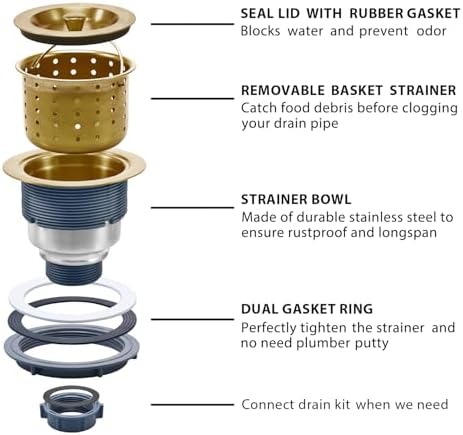 KONE 3-1/2 Inch Gold Sink Drain, Durable Stainless Steel Brass Kitchen Sink Drain Assembly Kit with Sink Strainer Waste Basket/Strainer Assembly/Sealing Lid for Standard Kitchen Sink - Image 6