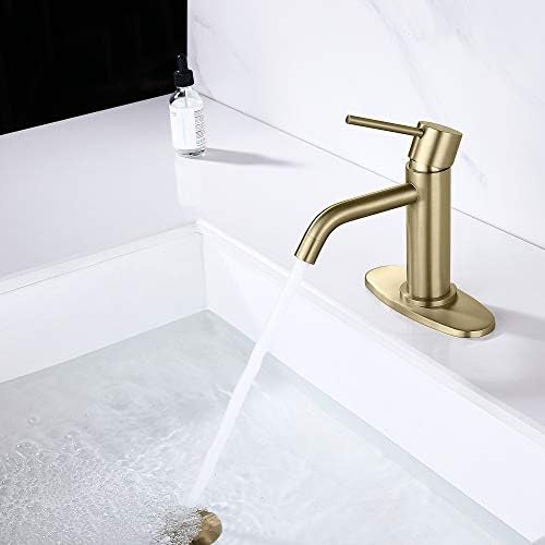 Brushed Gold Bathroom Faucet Single Hole, JXMMP Brass Single Handle Bathroom Sink Faucet with Pop Up Drain Assembly and 6 inch Deck Plate - Image 4