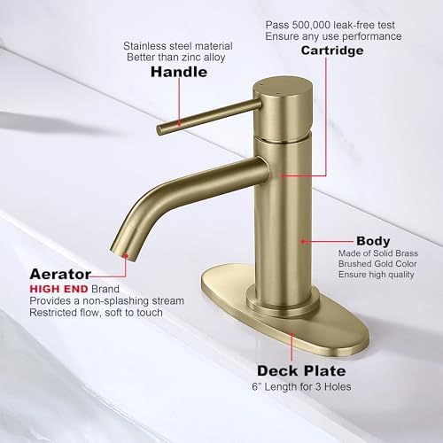 Brushed Gold Bathroom Faucet Single Hole, JXMMP Brass Single Handle Bathroom Sink Faucet with Pop Up Drain Assembly and 6 inch Deck Plate - Image 6