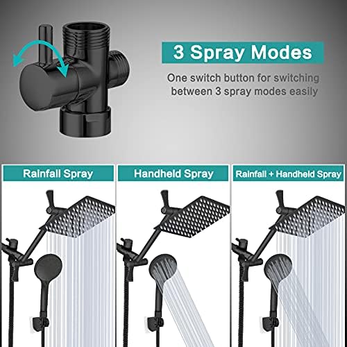 Shower Head, 8‘’ High Pressure Rainfall/Handheld Shower Combo with 11'' Extension Arm, 9 Settings, Anti-leak Shower Head with Holder, Height/Angle Adjustable, Chrome, Matte Black - Image 2