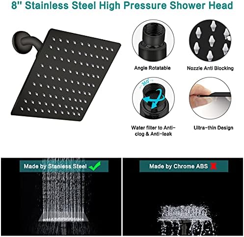 Shower Head, 8‘’ High Pressure Rainfall/Handheld Shower Combo with 11'' Extension Arm, 9 Settings, Anti-leak Shower Head with Holder, Height/Angle Adjustable, Chrome, Matte Black - Image 3