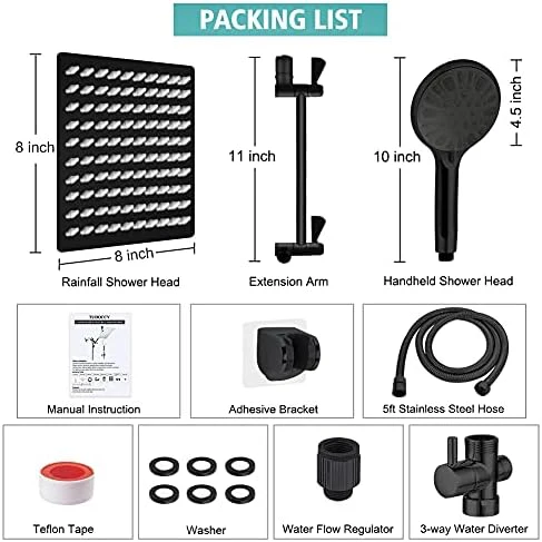 Shower Head, 8‘’ High Pressure Rainfall/Handheld Shower Combo with 11'' Extension Arm, 9 Settings, Anti-leak Shower Head with Holder, Height/Angle Adjustable, Chrome, Matte Black - Image 7
