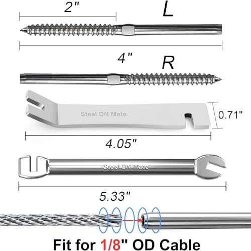Steel DN Mate 100 Pack T316 Stainless Steel Right&Left Handed Thread Swage Lag Screws for Wood Post of 1/8" Steel Cable Railing Kit, Cable Railing Hardware, DIY Deck Railings, Wrench Include, DM50 - Image 2