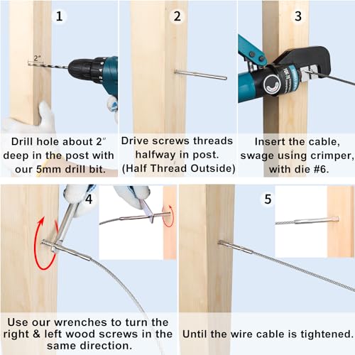 Steel DN Mate 100 Pack T316 Stainless Steel Right&Left Handed Thread Swage Lag Screws for Wood Post of 1/8" Steel Cable Railing Kit, Cable Railing Hardware, DIY Deck Railings, Wrench Include, DM50 - Image 4