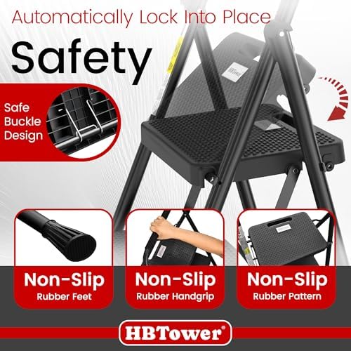 HBTower Step Ladder, Folding Step Stool with Wide Anti-Slip Pedal, Sturdy Steel Ladder, Convenient Handrail, Lightweight, Portable Steel Step Stool - Image 2