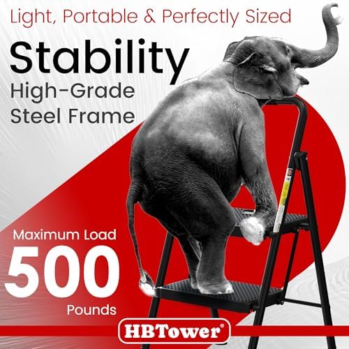 HBTower Step Ladder, Folding Step Stool with Wide Anti-Slip Pedal, Sturdy Steel Ladder, Convenient Handrail, Lightweight, Portable Steel Step Stool - Image 3