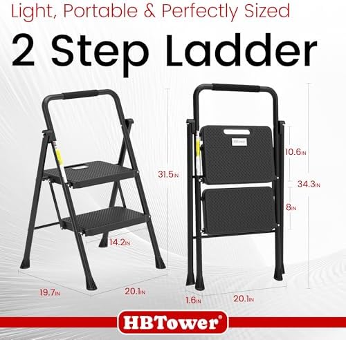 HBTower Step Ladder, Folding Step Stool with Wide Anti-Slip Pedal, Sturdy Steel Ladder, Convenient Handrail, Lightweight, Portable Steel Step Stool - Image 6
