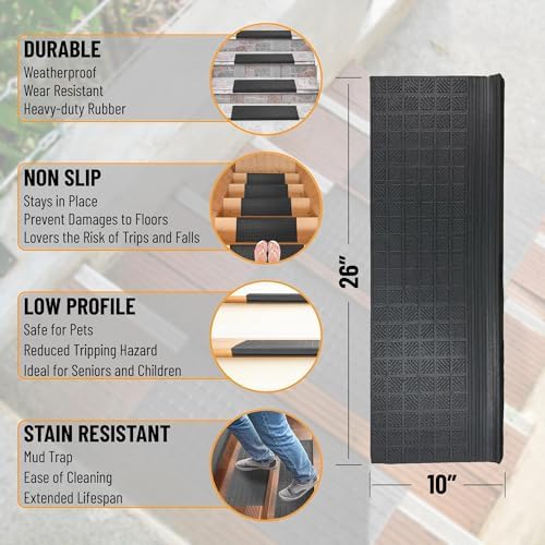 Ottomanson Indoor/Outdoor Hose-Wash Square Edge Design Non-Slip Rubber 10" x 25.5" Modern Stair Treads for Stairs, Garage, Patio, 5 Pack, Black - Image 3