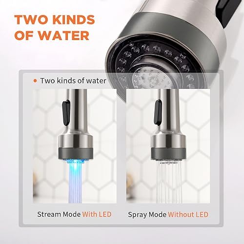 LED Light Kitchen Faucet with Pull Down Sprayer Sus304 Stainless Steel Industrial Single Handle Faucet for Farmhouse Camper Laundry Utility Rv Wet Bar Sinks Brushed Nickel 9003SN - Image 5