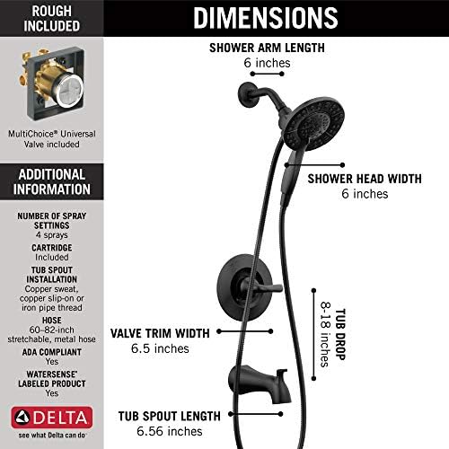 Delta Faucet Arvo 14 Series Single-Handle Tub and Shower Trim Kit, Shower Faucet with 4-Spray In2ition 2-in-1 Dual Hand Held Shower Head with Hose, Matte Black 144840-BL-I (Valve Included) - Image 3