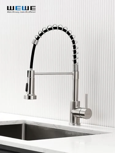 WEWE Kitchen Sink Faucet, Kitchen Faucets with Pull Down Sprayer Stainless Steel Single Handle Single Hole Brushed Nickel Commercial Industrial Spring Pull Out Laundry Farmhouse Kitchen Faucet - Image 2