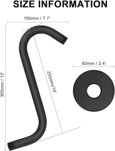 NearMoon S Shaped Shower Head Riser Pipe, Shower Extender Arm with Flange, Standard 1/2" Connection- Bathroom Accessory, 12 Inch (1 Pack, Matte Black) - Image 2