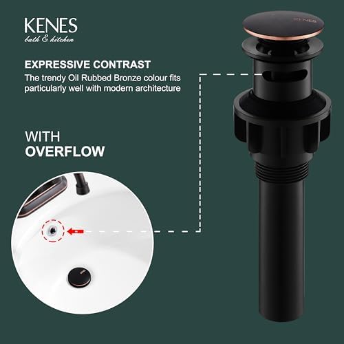 KENES Oil Rubbed Bronze Pop Up Sink Drain, Bathroom Vessel Lavatory Vanity Faucet Sink Drain Stopper, Sink Drain Assembly with Overflow Anti Clog Pop Up Drain - Image 3