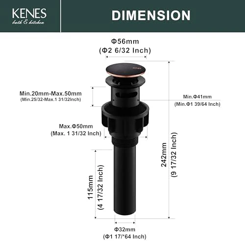 KENES Oil Rubbed Bronze Pop Up Sink Drain, Bathroom Vessel Lavatory Vanity Faucet Sink Drain Stopper, Sink Drain Assembly with Overflow Anti Clog Pop Up Drain - Image 6