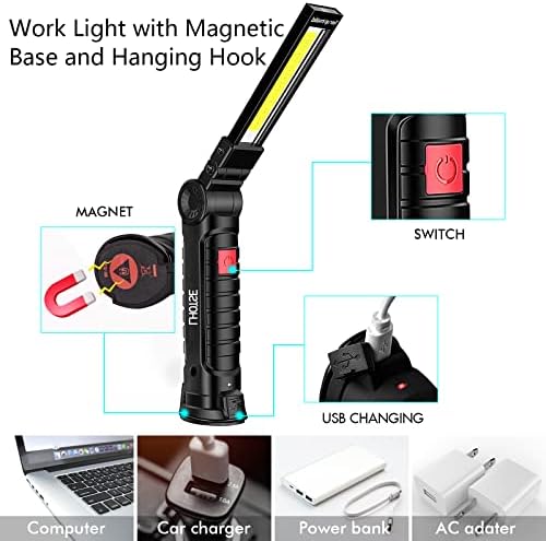 Tool Gifts for Men Dad Him, Rechargeable Work Lights, LED Work Light with Magnetic Base & Hanging Hook, 360°Rotate Rechargeable Flashlights for Mechanics Car Repair Home, Camping (2 Pack) - Image 2