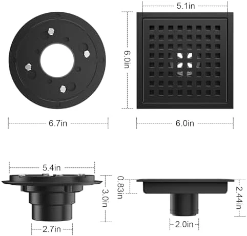 EXF Square Shower Drain 6 Inch Matte Black, Stainless Steel Shower Floor Drain Kit with ABS Flange, Removable Grid Grate, Hair Strainer, Not Fit for Bathtub - Image 2