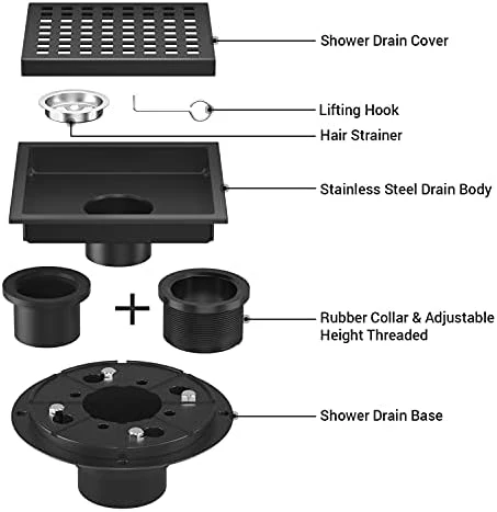 EXF Square Shower Drain 6 Inch Matte Black, Stainless Steel Shower Floor Drain Kit with ABS Flange, Removable Grid Grate, Hair Strainer, Not Fit for Bathtub - Image 3