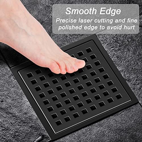 EXF Square Shower Drain 6 Inch Matte Black, Stainless Steel Shower Floor Drain Kit with ABS Flange, Removable Grid Grate, Hair Strainer, Not Fit for Bathtub - Image 6