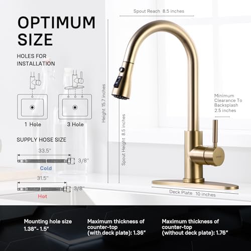 WEWE Brushed Gold Kitchen Faucet with Pull Down Sprayer, Single Handle Gold Kitchen Sink Faucet Stainless Steel Brass Copper Commercial RV 1 or 3 Hole, Champagne Bronze - Image 2
