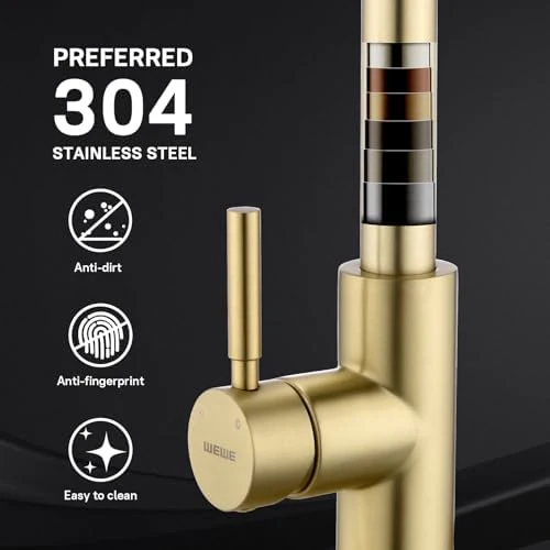 WEWE Brushed Gold Kitchen Faucet with Pull Down Sprayer, Single Handle Gold Kitchen Sink Faucet Stainless Steel Brass Copper Commercial RV 1 or 3 Hole, Champagne Bronze - Image 4