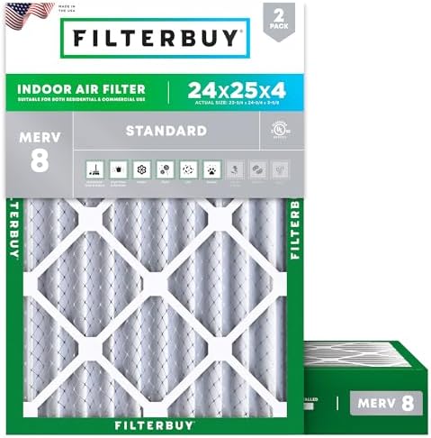 Filterbuy 24x25x4 Air Filter MERV 8 Dust Defense (2-Pack), Pleated HVAC AC Furnace Air Filters Replacement (Actual Size: 23.75 x 24.75 x 3.63 Inches)