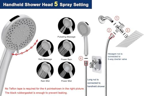 NearMoon Filtered Shower Head, High Pressure 8″Square, 5 settings Handheld Rain Shower Filter Combo with Self-adhesive Holder/1.5M Hose -1 Replaceable Filter Cartridge (Chrome Finish) - Image 2