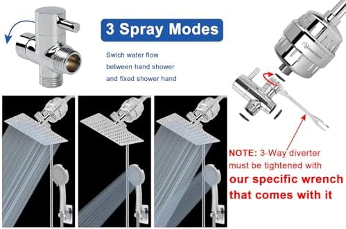 NearMoon Filtered Shower Head, High Pressure 8″Square, 5 settings Handheld Rain Shower Filter Combo with Self-adhesive Holder/1.5M Hose -1 Replaceable Filter Cartridge (Chrome Finish) - Image 3
