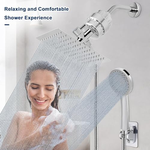 NearMoon Filtered Shower Head, High Pressure 8″Square, 5 settings Handheld Rain Shower Filter Combo with Self-adhesive Holder/1.5M Hose -1 Replaceable Filter Cartridge (Chrome Finish) - Image 6