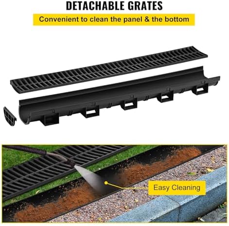 VEVOR Trench Drain System, Channel Drain with Plastic Grate, 5.7x3.1-Inch HDPE Drainage Trench, Black Plastic Garage Floor Drain, 5x39 Trench Drain Grate, with 5 End Caps, for Garden, Driveway-5 Pack - Image 4
