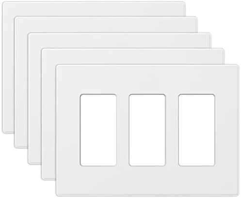 ELEGRP 3-Gang Screwless Decorative Wall Plates, Mid-Size Unbreakable Thermoplastic Faceplate Cover for Decorator Receptacle Outlet Switch, UL Listed (5 Pack, Matte White)