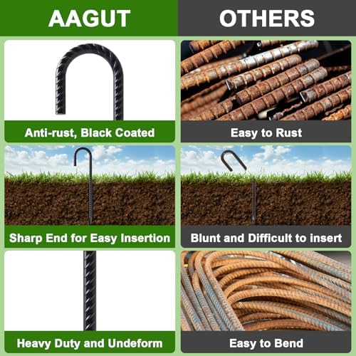 AAGUT 16 Inches 24 Pack Rebar Staks J Hook 3/8” Ground Stakes Heavy Duty with Chisel Point End for Camping Tent, Chain Link Fence, Outdoor Decorations, Inflatables, Black Coated - Image 3
