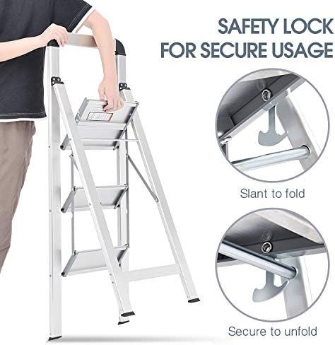 KINGRACK Aluminium 3 Step Ladder, Lightweight Step Stool with Non-Slip Pedals, Handrail, 330 LBS Foldable Step Ladder for Kitchen, Garage, Home, Space Saving, Sturdy and Portable, Silver - Image 6