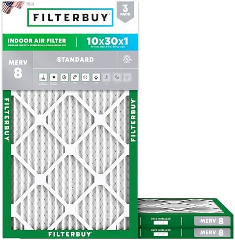 Filterbuy 10x30x1 Air Filter MERV 8 Dust Defense (3-Pack), Pleated HVAC AC Furnace Air Filters Replacement (Actual Size: 9.50 x 29.50 x 0.75 Inches)
