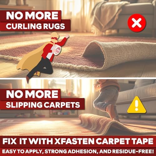 XFasten Double Sided Carpet Tape for Area Rugs 2 Inch x 60 Yards, Residue-Free Carpet Tiles Tape, Removable Heavy-Duty Rug Pad Gripper for Hardwood, Vinyl Flooring Underlayments, Laminate- Wood-Safe - Image 2